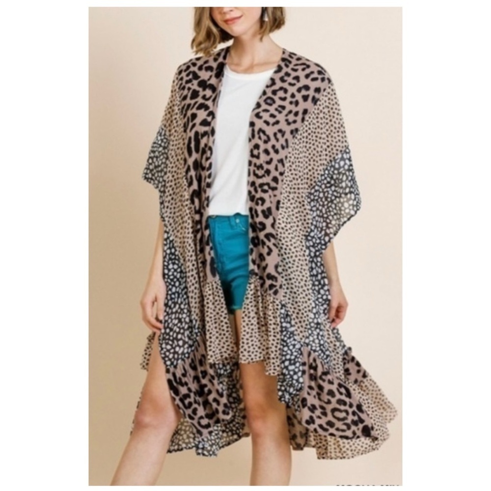 Umgee Animal Print Kimono Size Small/Medium Mocha/Black - Picture 2 of 5